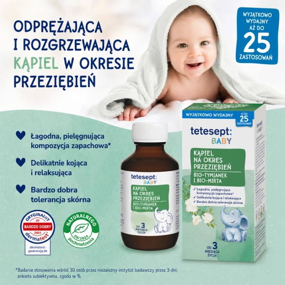 Delikatny płyn do kąpieli dla niemowląt z tymiankiem i mirtą Tetesept Baby, 100 ml