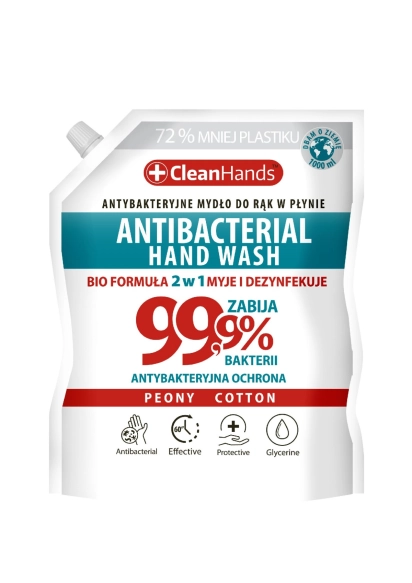 CLEAN HANDS Mydło antybakteryjne BIO 99,9% Peony&Cotton zapas 1000 ml