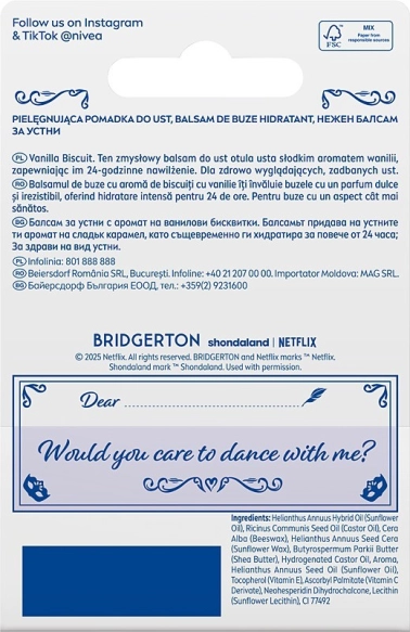 NIVEA Bridgerton Edition Pielęgnująca pomadka do ust Vanilla Biscuit 4,8g