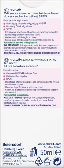 NIVEA 24H Nawilżenia odżywczy krem na dzień cera sucha i wrażliwa SPF15 50 ml