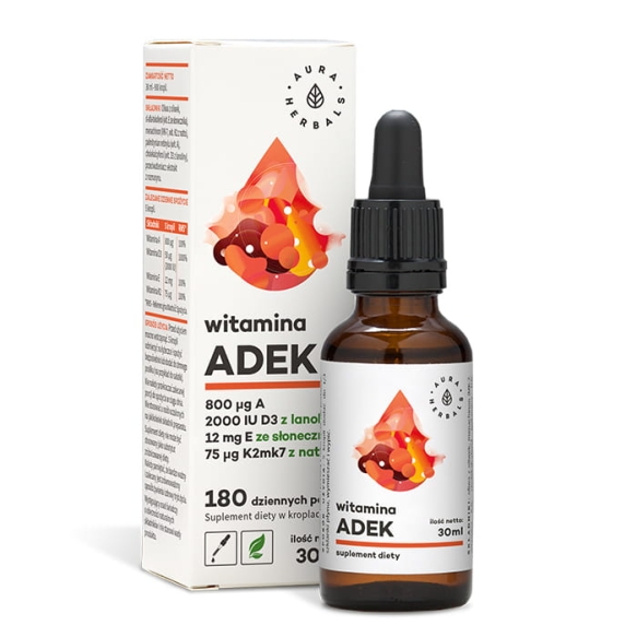 Witamina A + D3 (2000IU) + E + K2mk7 (ADEK), Krople, Aura Herbals, 30ml
