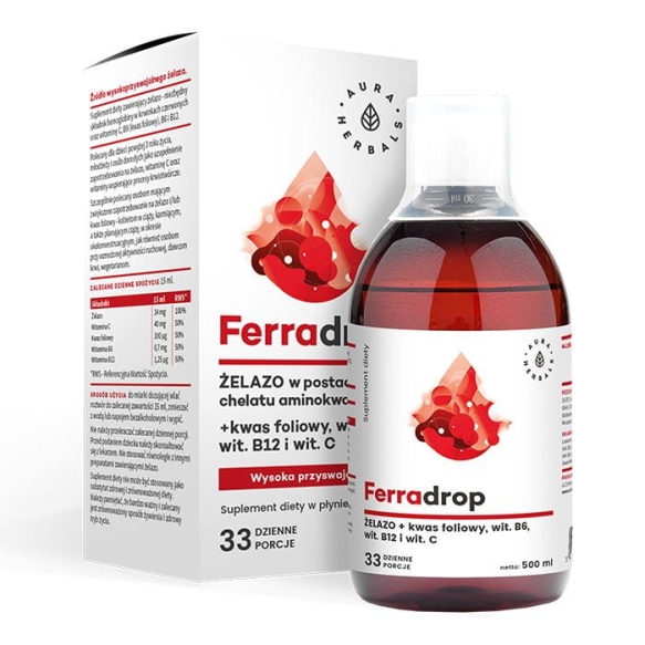 Ferradrop, Żelazo, Kwas Foliowy, Aura Herbals, 500ml