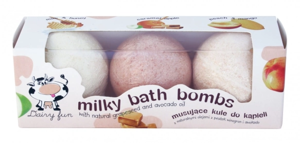 Dairy Fun Musujące kule do kąpieli - mleko i miód, karmelowe jabłko i brzoskwinie  3 x 100 g