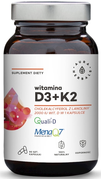 Witamina D3 2000 IU + K2, Aura Herbals, 90 kapsułek - KRÓTKA DATA