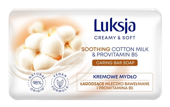 Luksja Creamy &amp; Soft Łagodzące Kremowe Mydło w kostce Mleczko Bawełniane &amp; Prowitamina B5 90g