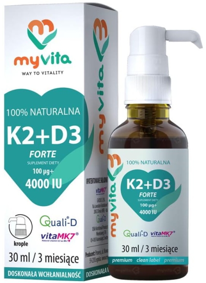 Naturalna Witamina K2 MK7 100mcg + D3 4000iu Krople, Myvita, 30ml