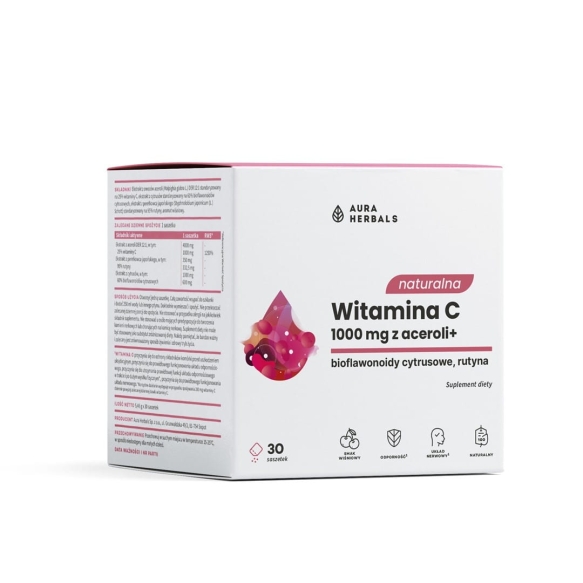 Natural Vitamin C 1000 mg from Acerola, Aura Herbals, 30 sachets