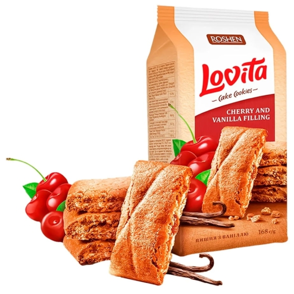 Lovita Cookies with Cherry &amp; Vanilla Filling Roshen, 168g