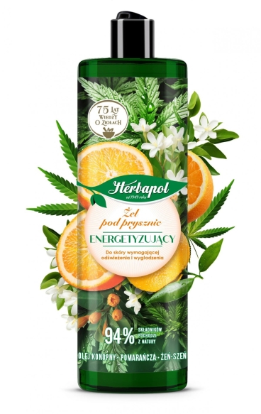 HERBAPOL Żel pod prysznic energetyzujący Olej konopny, Pomarańcza, Żeń-szeń 400 ml