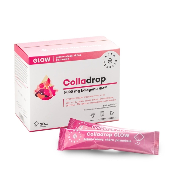 AURA HERBALS Colladrop Glow Hydrolizowany Kolagen morski 5000 mg typu I i III - piękne włosy,skóra i paznokcie (30 saszetek)