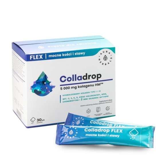 AURA HERBALS Colladrop Flex Hydrolizowany Kolagen morski 5000 mg typu I i III - mocne kości i stawy (30 saszetek)