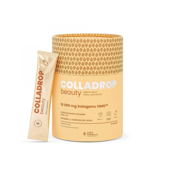 AURA HERBALS Colladrop Beauty Hydrolizowany Kolagen morski 10000 mg typu I i III - Mango (30 saszetek)