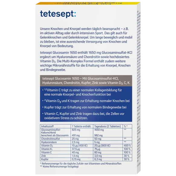 Tetesept Glukozamina 1650 + Hialuron + Chondroityna, 40 tabletek