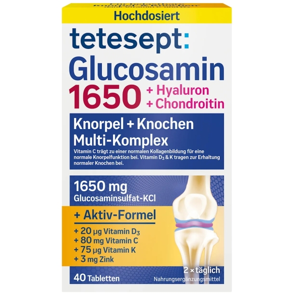 Tetesept Glucosamine 1650 + Hyaluron + Chondroitin, 40 Tablets