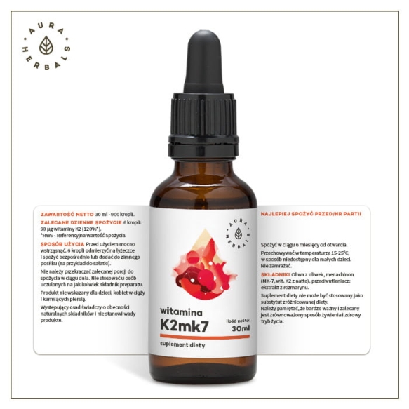 Witamina K2mk7 90mg Krople, Aura Herbals, 30ml - KRÓTKA DATA