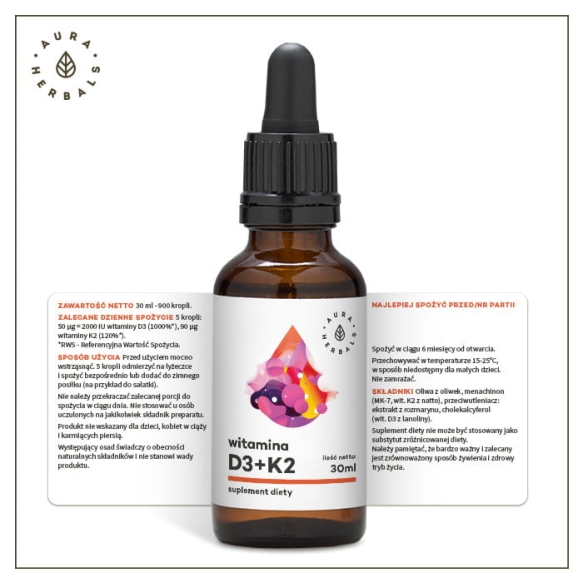 Witamina D3 (2000IU) + K2mk7, Krople, Aura Herbals, 30ml