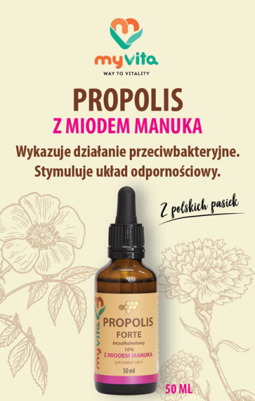 Propolis Krople Bezalkoholowe 10% z Miodem Manuka, MyVita, 50ml