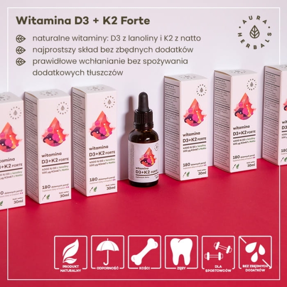 Witamina D3 (2000IU) + K2mk7, Krople, Aura Herbals, 30ml